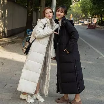 До щиколотки длинная хлопковая утепленная одежда женская зимняя новая свободная пуховая хлопковая утепленная одежда студенческая художественная экзаменационная куртка до колена M 85-50 kg