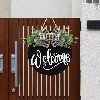 Добро пожаловать, деревянная дверь, висящая вывеска, передняя круглая с бантом, настенное художественное оформление, деревянная доска