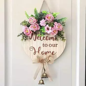 Добро пожаловать, деревянная табличка на дверь с колокольчиком и венком - украшение для дома и праздников One Size