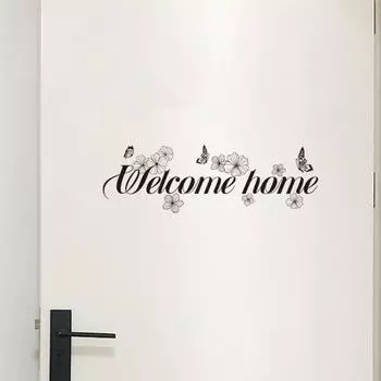 Добро пожаловать домой, слоган, бабочка, наклейка на стену, скандинавская деревянная дверь, самоклеющаяся наклейка для гостиной, язык, наклейка на дверь 30x20cm чёрный