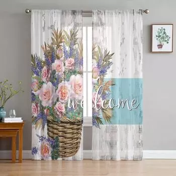 Добро пожаловать, древесное зерно, роза, ретро-тюль, занавеска, вуаль, прозрачный тюль для спальни, гостиной, кухни, прозрачные оконные занавески W135 x H114cm