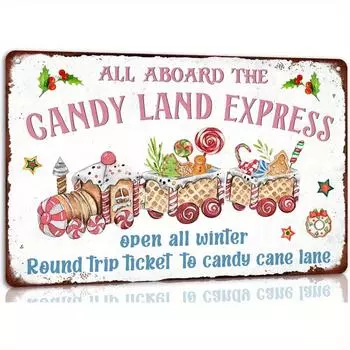 Добро пожаловать на борт Candy Gingerbread Express Металлическая жестяная этикетка Рождественский знак Винтажный постер Кухня Кафе Бар Главная Рождественская стена белый