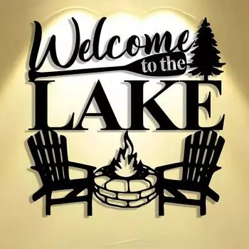 «Добро пожаловать на озеро» Элегантное настенное искусство из металла, абстрактный дизайн на Хэллоуин, Рождество, домашний офис, гостиная, патио, сад, декор TY7384 разноцветный