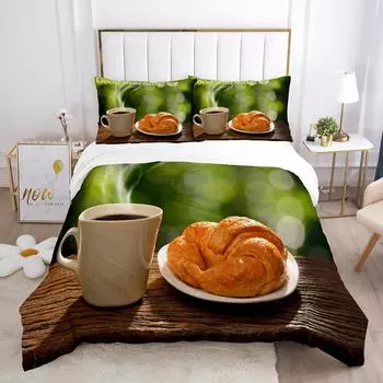 Доброе утро, пододеяльник, комплект с 3D-принтом, хлеб, кофе, завтрак, полиэстер, одеяло, размер King Queen, полный размер, для подростков, комплект постельного белья 70x133cm 2pcs