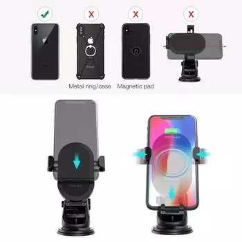 dodocool 10 Вт Беспроводное автомобильное зарядное устройство с быстрой зарядкой, держатель для телефона с 2 креплениями для вентиляционных отверстий, лобовое стекло приборной панели чёрный