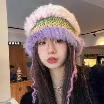 Дофамин контрастного цвета кроличья шерсть вязаная шерстяная шапка детская осенне-зимняя теплая плюшевая модная универсальная шапка для умывания M56-58cm