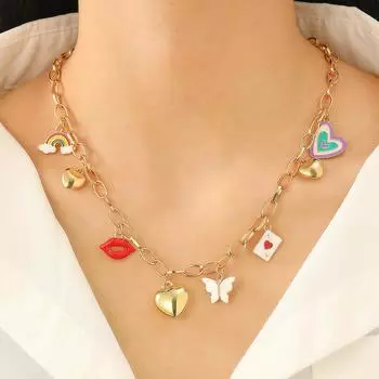 Дофамин красочные капли масла любовь бабочка красные губы персик девушка ключичная цепочка ожерелье кулон 1 pcs