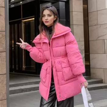 Дофамин носит зимнюю одежду, хлопчатобумажную одежду, женские лацканы, средние и длинные, одежда для маленьких хлебов, одежда с хлопковой подкладкой S розовый