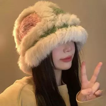 Дофаминовая шапка-ведро для женщин, зимняя, из кроличьей шерсти, вязаная, пушистая, с лицом, маленькая, теплая, с изображением льва, большая окружность головы, шерстяная шапка