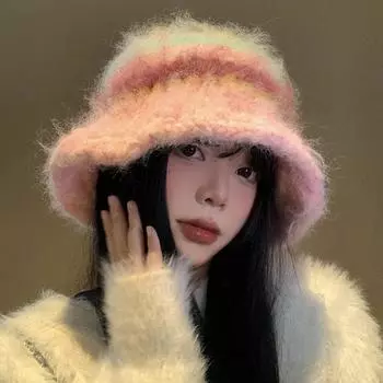 Дофаминовая вязаная шапка-ведро, подходящая по цвету, женская осенне-зимняя плюшевая теплая шерстяная шапка с большой окружностью головы и маленьким лицом One Size розовый