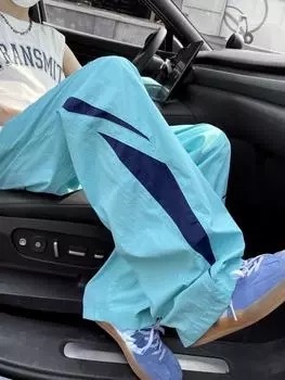 Дофаминовые контрастные повседневные спортивные штаны, женские летние новые свободные корейские модные брюки с широкими штанинами, американские прямые брюки для десантников Y2k S синий