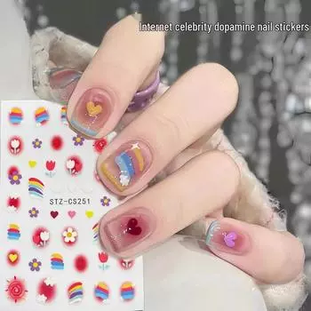 Дофаминовые наклейки для ногтей: Милый мультяшный радужный маникюр-макарон 2025