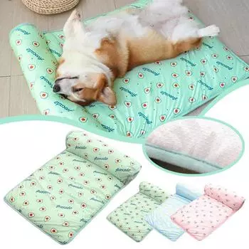 Dog Bed Mat Summer Cooling Pad Mat Pet Dog Sleeping Bed With Pillow Dogs Cats Ice Silk Blanket Cooling Pet Bed M синий