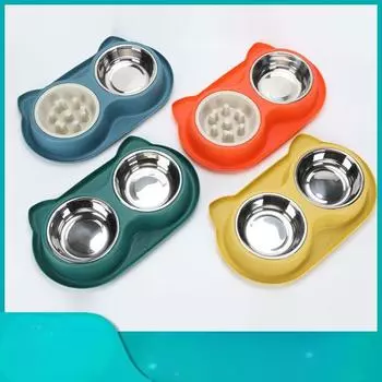 Dog Bowl Cat Bowl Stainless Steel Double Bowl Anti-choking Slow Food Bowl for Dogs Anti-slip Anti-tip Large-capacity Pet Double Bowl 38*23.5*6cm