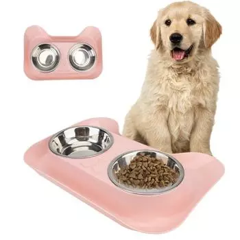 Dog Cat Food Container tray No Spill Double Stainless Steel Dish Leakproof Cat Feeding Pet Drinking Bowl Food Feeder M розовый