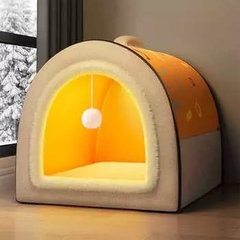 Dog Cave 2 в 1 Съемная крытая кровать для кошек с подвесным шариком, домик для укрытия кошек, теплые моющиеся уютные лежанки для больших собак S