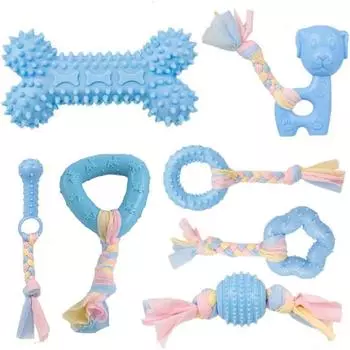 Dog Chewable Toy, 7-Piece Puppy Molar Chewable Toy Set with Ball and Colorfulful Rope, Interactive Pet Toy Suitable for Small and Medium-Sized Dogs синий