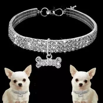 Dog Collar Rhinestone Jewelry Chihuahua Crystal Jewelry Adjustable Metal Chain Collar Luxury Bone Pendant Dog Collar S-20CM