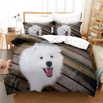 Dog Duvet Cover Set White Dog Animals Pattern Cute Kawaii Polyester Comforter Cover King Queen Size for Boys Girls Bedding Set 70x133cm 2pcs