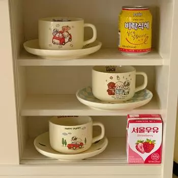 Dog Pattern Ceramic Mug and Plate Set in Cream Color for Home Breakfast Juice Cup Office Afternoon Tea Coffee Cup Creative Gift