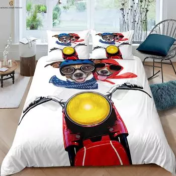 Собака едет на велосипеде Смешной 3D стерео печать Пододеяльник Наволочка Постельный комплект Животное Милый принт 100% полиэстер 3 предмета EU 135x200cm 2PCS