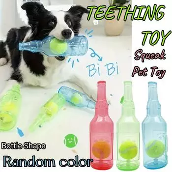 Dog Teething Toy Interactive Squeaky Toys Bottle Shaped with Bouncy Ball Inside Bite-Resistant Durable Plastic Chewers for Pet 1pc