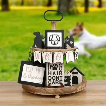 Dog Tiered Tray Decor Wooden Sign Festive Rustic Table Centerpieces For Home Kitchen Coffee Bar Party Supplies One Size