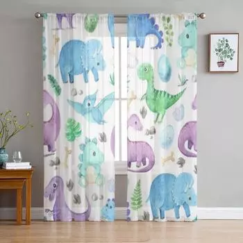 Доисторические динозавры и рептилии шифоновые прозрачные шторы для гостиной, спальни, кухни, украшения, оконная вуаль, тюлевая занавеска 135W x 114H(cm)