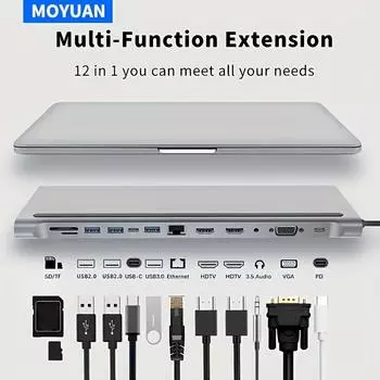Док-станция 12-в-1: Двойной выход HDMI VGA, USB3.0, быстрая зарядка PD, аудиовыход 3,5 мм, RJ45, 87 Вт для U-диска, мыши, клавиатуры 12 IN 1