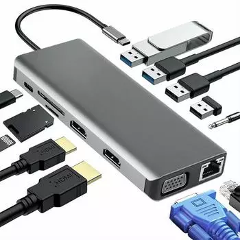 Док-станция 12 в 1 типа C с двойным HDMI-совместимым гигабитным адаптером RJ45 USB 3.0 VGA