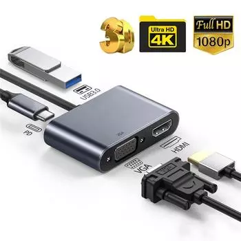 Док-станция 4 в 1 USB C Hub Type-C to Dual HDMI Adapter 4K 60 Гц Расширение экрана USB 3.0 для ноутбука телефона ПК