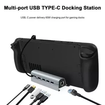 Док-станция 6-в-1 для Steam Deck 4K @ 60 Гц Gigabit Ethernet 1000 Мбит/с Концентратор PD 60 Вт HDMI-совместимый USB 3.0 Подставка для игровой консоли Аксессуары для коммутатора