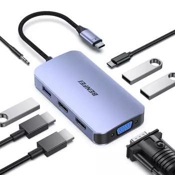 Док-станция BENFEI USB C 8in1 Hub Док-станция MST 2 x HDMI VGA 3 x USB 100 Вт PD Зарядка Аудио Совместимо с iPhone 15 MacBook 2023 iPad Pro iMac XPS