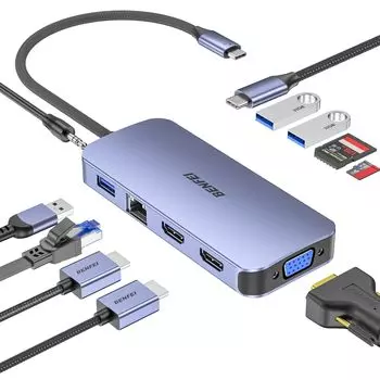 Док-станция для ноутбука BENFEI USB C MST с силиконовым плетеным дизайном, кабельный концентратор для карты питания AUX Audio, серый, 11-в-1, USB-C, USB-C, 3HDMI/1VGA, 3USB