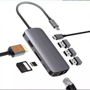 Док-станция Pobod 8 в 1 Type-C с USB3.0*3 PD100W USB-C 4K @ 60 Гц HDMI RJ45 Слот для устройства чтения карт SD/TF Многопортовый концентратор-разветвитель-адаптер для ноутбука