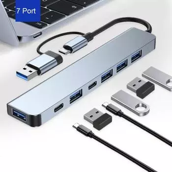 Док-станция Прочная, широко совместимая, высокопрочная док-станция. Док-станция с 7 портами Type-C и USB. Док-станция серебряный