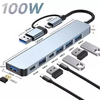 Док-станция расширения 7in2 Type-C к HDMI USB3.0+USB2.0* 4/USB-C/PD100W USB-концентратор док-станции Конвертер Sd/TF карты