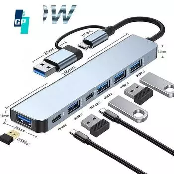 Док-станция расширения 7in2 Type-C к HDMI USB3.0+USB2.0* 4/USB-C/PD100W USB-концентратор док-станции Конвертер Sd/TF карты