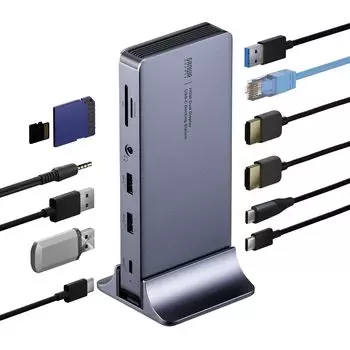 Док-станция Sanwa Direct с 2 выходами на экран, 4K HDMI, вертикальная подставка, в комплекте LAN PD 100 Вт, разъем для наушников, SD, microSD, алюминий, 11 в 1, Type-C 400-VGA025