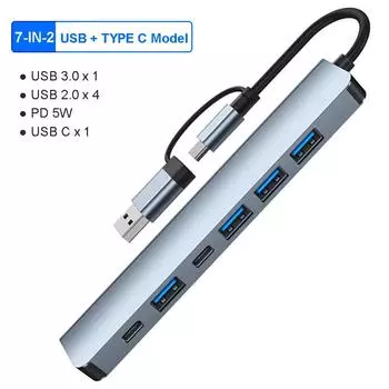 Док-станция типа C 8 в 2, USB-разветвитель, адаптер USB C-концентратор, высокоскоростная передача 5 Гбит/с, USB 3.0 2.0 3.5, аудиоразъем, устройство чтения карт SD/TF, OTG-адаптер 7 in 2