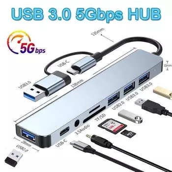 Док-станция типа C 8 в 2, USB-разветвитель, адаптер USB C-концентратор, высокоскоростная передача 5 Гбит/с, USB 3.0 2.0 3.5, аудиоразъем, устройство чтения карт SD/TF, OTG-адаптер 5 in 2
