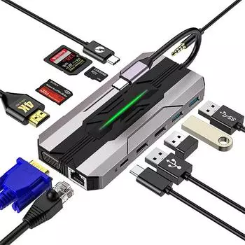 Док-станция USB 3.0 Type-C «13 в 1» с USB2.0*2 USB3.0*2 USB-C для передачи данных PD100W USB-C 4K, 30 Гц, HDMI 1080P, 60 Гц, VGA, 10/100/1000 Мбит/с, Сеть SD/TF%26MS