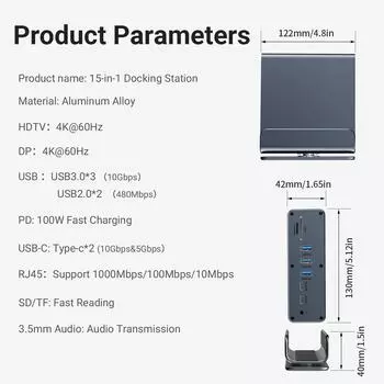 Док-станция USB-C 15 в 1, вертикальный концентратор 4K HD с тремя мониторами, RJ45 1000M, USB 3.0/2.0, PD 3.0, SD/TF, Audio 3.5 для Mac Pro серый