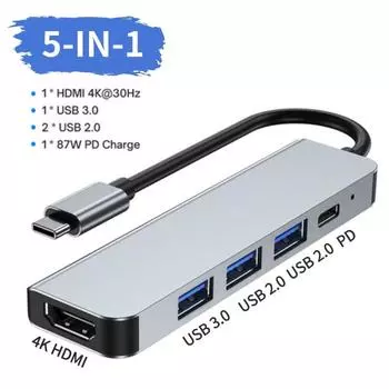 USB C HUB 4K 30 Гц Type C на HDMI-совместимый PD 87 Вт USB-разветвитель USB-адаптер для Macbook Air Pro USB3.0 HUB TF SD Multi Converter 4-IN-1