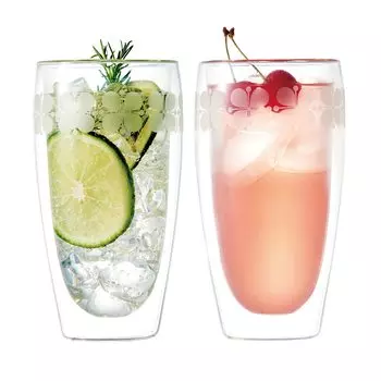 Dolce Duo Double Wall Glass 320ml Double Structure Floral Pattern Heat Resistant Cup Gift Set Warm/Cold FL-1289