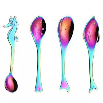 Dolphin Ice Cream Spoon Fish Coffee Tea Hippocampus Soup Spoons Tableware Kitchen Tools Spoons A-Silver