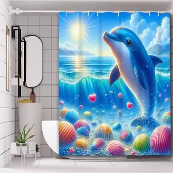 Dolphin In Wave Bathing Curtain Bathroom Shower Curtain Waterproof With 12 Hooks Home Deco Free Ship 180x180cm curtain