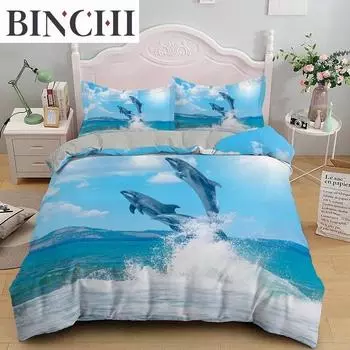 Dolphin Ocean King Queen Duvet Cover Cute 3D Sea Animal Bedding Set for Kids Teens Adults Shoal of Fish Blue 23pcs Quilt Cover 70x133cm 2pcs