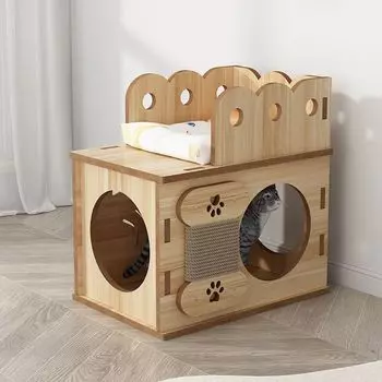 Дом для кошек для домашних кошек, деревянное убежище для кошек, домик для царапин с гамаком и платформой для прыжков, коробка для домашних животных без гвоздей, маленькая собака, кошка, квартира для кошек 40*28*41cm бежевый