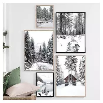 Дом Настенная картина на холсте Плакаты на скандинавскую тему и принты Настенные картины для декора гостиной Олень Кедр Зимний Снежный лес Без рамки 21*30cm
